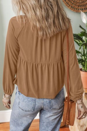 Alternative view of Cinnamon Smocked Bust Buttoned Split V Neck Flow Fit Blouse