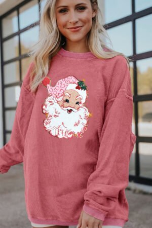 Strawberry Pink Santa Claus Sparkle Corded Crew Neck Sweatshirt - Image 2