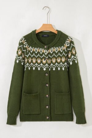 Moss Green Western Fashion Abstract Printed Cardigan Sweater - Image 6