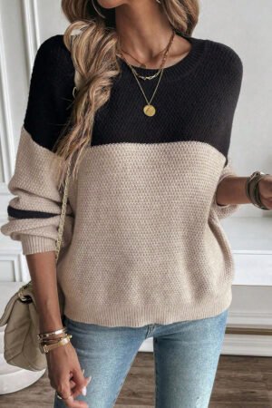 Parchment Color Block Knit Striped Sleeve Detail Casual Sweater - Image 4