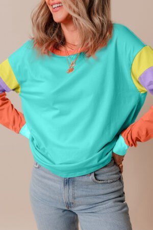 Light Blue Colorblock Patchwork Long Sleeve Loose Top - Image 5