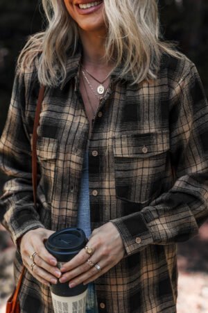 Multicolour Retro Plaid Double Flap Pocket Brushed Shacket - Image 5