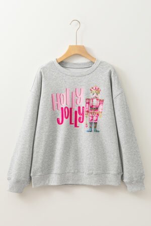 Gray HOLLY JOLLY Nutcracker Print Crew Neck Christmas Sweatshirt - Image 5