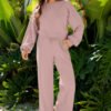 Light Pink Drop Shoulder Puff Sleeve Crop Pullover Drawstring Wide Leg Pants Set
