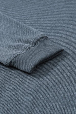 Blue Solid Ribbed Knit Round Neck Pullover Sweatshirt - Image 7