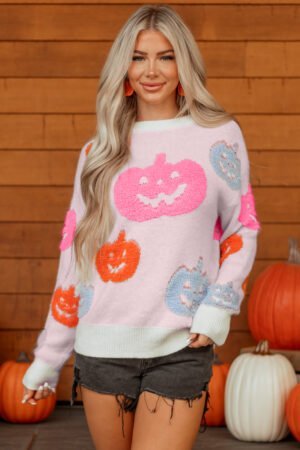Beige Halloween Cute Pumpkin Pattern Sweater - Image 3