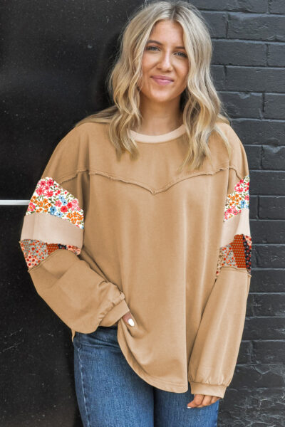 Khaki Exposed Seam Floral Mixed Patchwork Relaxed Plus Size Top