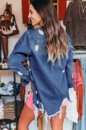 Sky Blue Light Wash Distressed Frayed Long Denim Jacket - Image 2