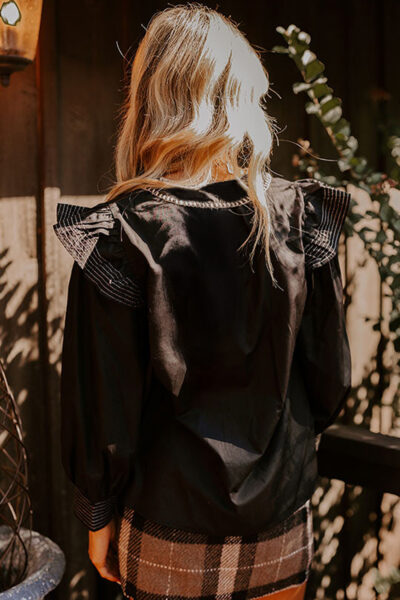Black Contrast Stitched Detail V Neck Ruffle Long Sleeve Blouse