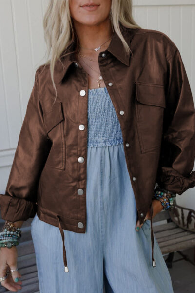 Chicory Coffee Double Flap Pocket Drawstring Hem Leather Jacket