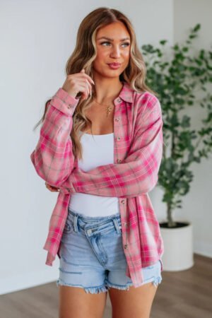 Sachet Pink Plaid Print Rounded Hem Long Sleeve Shirt with Pockets - Image 3