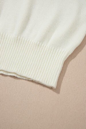 White Flower Detail Round Neck Contrast Textured Puff Sleeve Sweater - Image 7