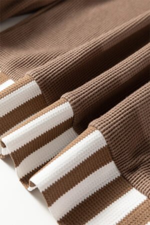 Straw Yellow Waffle Texture Striped Patchwork Button Neck Drawstring Hoodie - Image 9