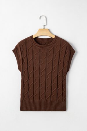 Dark Brown Cable Texture Crew Neck Short Sleeve Sweater Top - Image 4