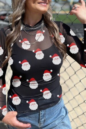 Black Christmas Fashion Print Slim Fit Long Sleeve Top
