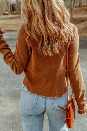 Brown Textured Round Neck Long Sleeve Top - Image 2