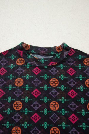 Black Western Aztec Printed Long Sleeve Mesh Top - Image 6