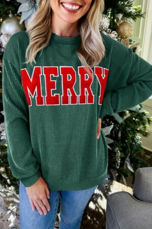 Alternative view of Evergreen Twisted Rib Outlined Merry Letter Graphic Loose Long Sleeve Top