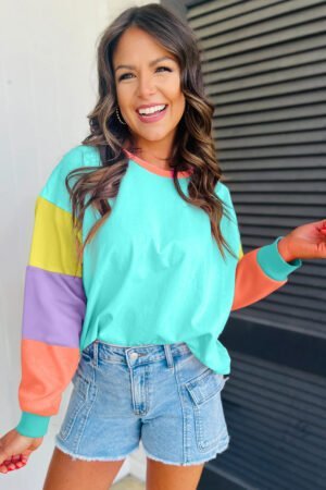 Light Blue Colorblock Patchwork Long Sleeve Loose Top - Image 2