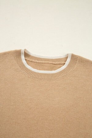 Tan Leopard Bow Decor Split Cuff Contrast Trim Sweater - Image 6