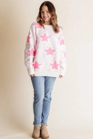 Sachet Pink Oversized Cute Star Pattern Ribbed Edge Drop Shoulder Sweater - Image 4