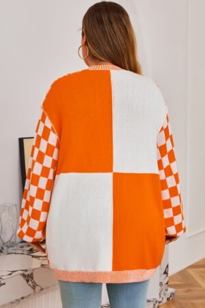 Orange Checkered Bubble Sleeve Drop Shoulder Open Cardigan - Image 3