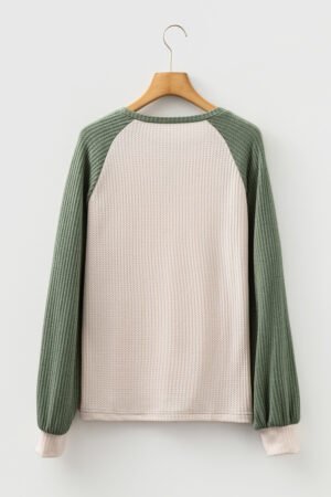Mist Green Waffle Color Block Raglan Sleeve Top - Image 4