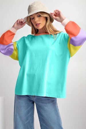 Light Blue Colorblock Patchwork Long Sleeve Loose Top - Image 6