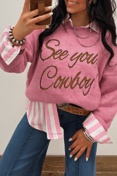 Peach Blossom See You Cowboy Embroidered Western Graphic Sweater