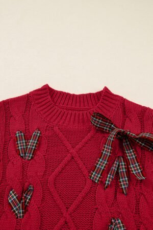 Fiery Red Plaid Lace up Detail Christmas Holiday Puff Short Sleeve Sweater - Image 8