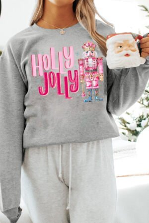 Gray HOLLY JOLLY Nutcracker Print Crew Neck Christmas Sweatshirt - Image 2