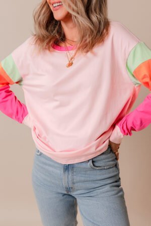 Pink Colorblock Patchwork Long Sleeve Loose Top - Image 3