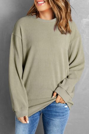 Green Solid Ribbed Knit Round Neck Pullover Sweatshirt - Image 4