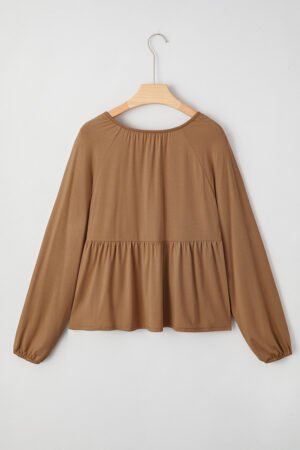 Cinnamon Smocked Bust Buttoned Split V Neck Flow Fit Blouse - Image 7