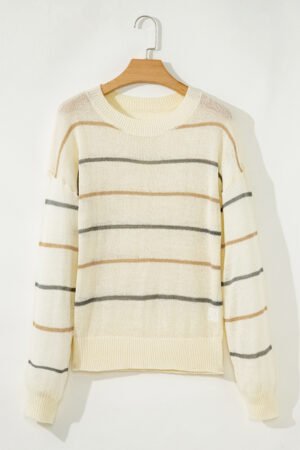 Multicolour Striped Ribbed Edge Drop Shoulder Sweater - Image 7