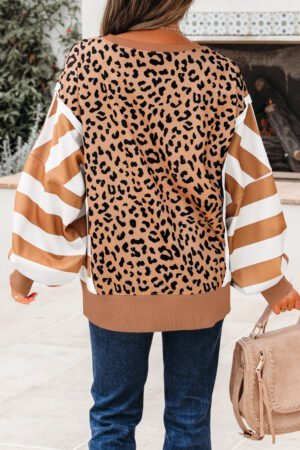 Khaki Stripe Color Block Patchwork Leopard Casual Sweatshirt with Slits - Image 3