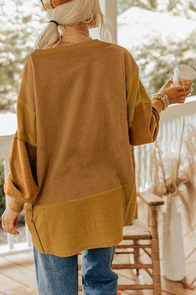 Multicolor Oversized Mixed Textured Split Neck High Low Patchwork Sweatshirt