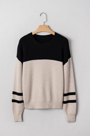 Parchment Color Block Knit Striped Sleeve Detail Casual Sweater - Image 6