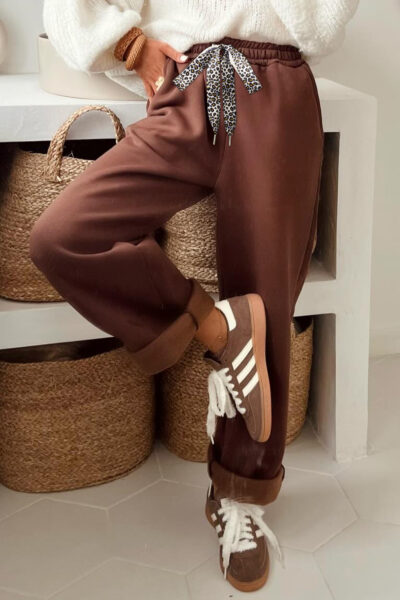 Coffee Fleece Lined Leopard Drawstring Elastic Waist Solid Pants