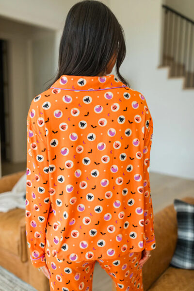Orange Halloween Print Lapel Shirt Long 2pcs Pajama Set