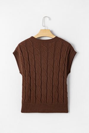 Dark Brown Cable Texture Crew Neck Short Sleeve Sweater Top - Image 5