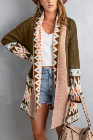 Brown Aztec Print Open Front Knitted Cardigan - Image 5