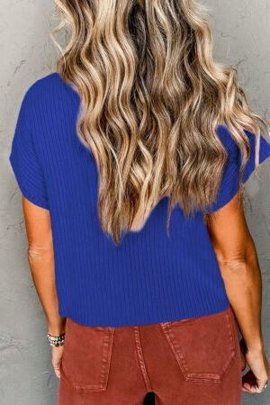 Alternative view of Dark Blue Patch Pocket Ribbed Knit Short Sleeve Sweater