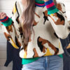 Apricot Contrast Ribbed Stripes Detail Animal Pattern Knit Sweater