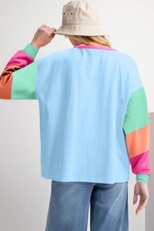 Dark Blue Colorblock Patchwork Long Sleeve Loose Top - Image 6