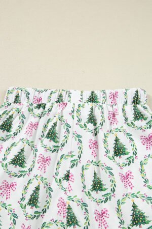 Green Christmas Fashion Print Velvet Trim Bow Knot Pajama 2pcs Short Set - Image 10