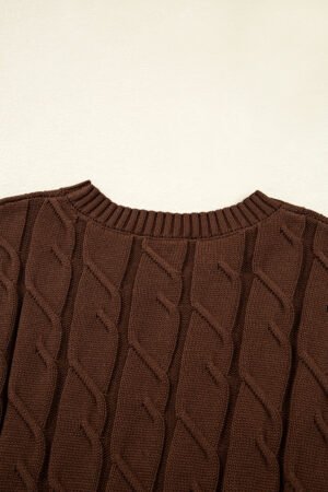 Dark Brown Cable Texture Crew Neck Short Sleeve Sweater Top - Image 7