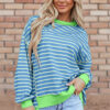 Sky Blue Stripe Contrast Trim High Low Pullover Tunic Sweatshirt