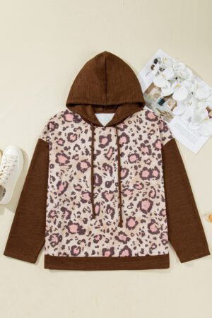 Brown Leopard Print Knit Patchwork Plus Hoodie - Image 6