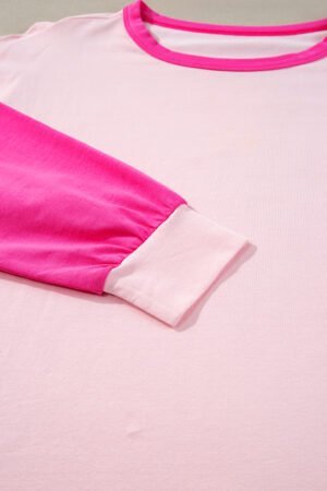 Pink Colorblock Patchwork Long Sleeve Loose Top - Image 6